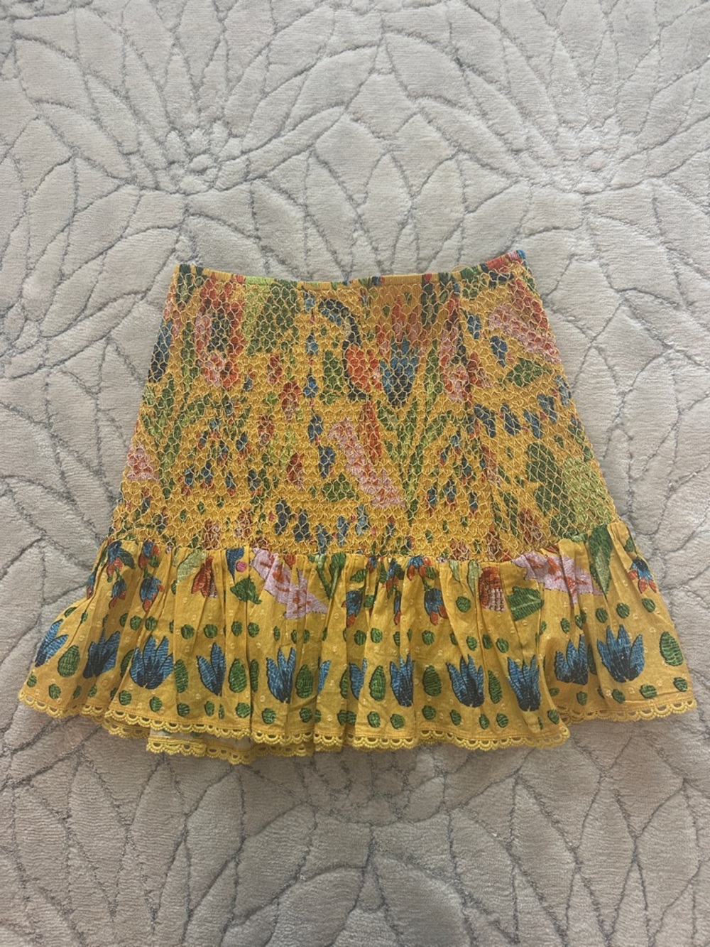 FARM Rio Yellow Floral Smocked Mini Skirt with Blue & Green Tulip Hem